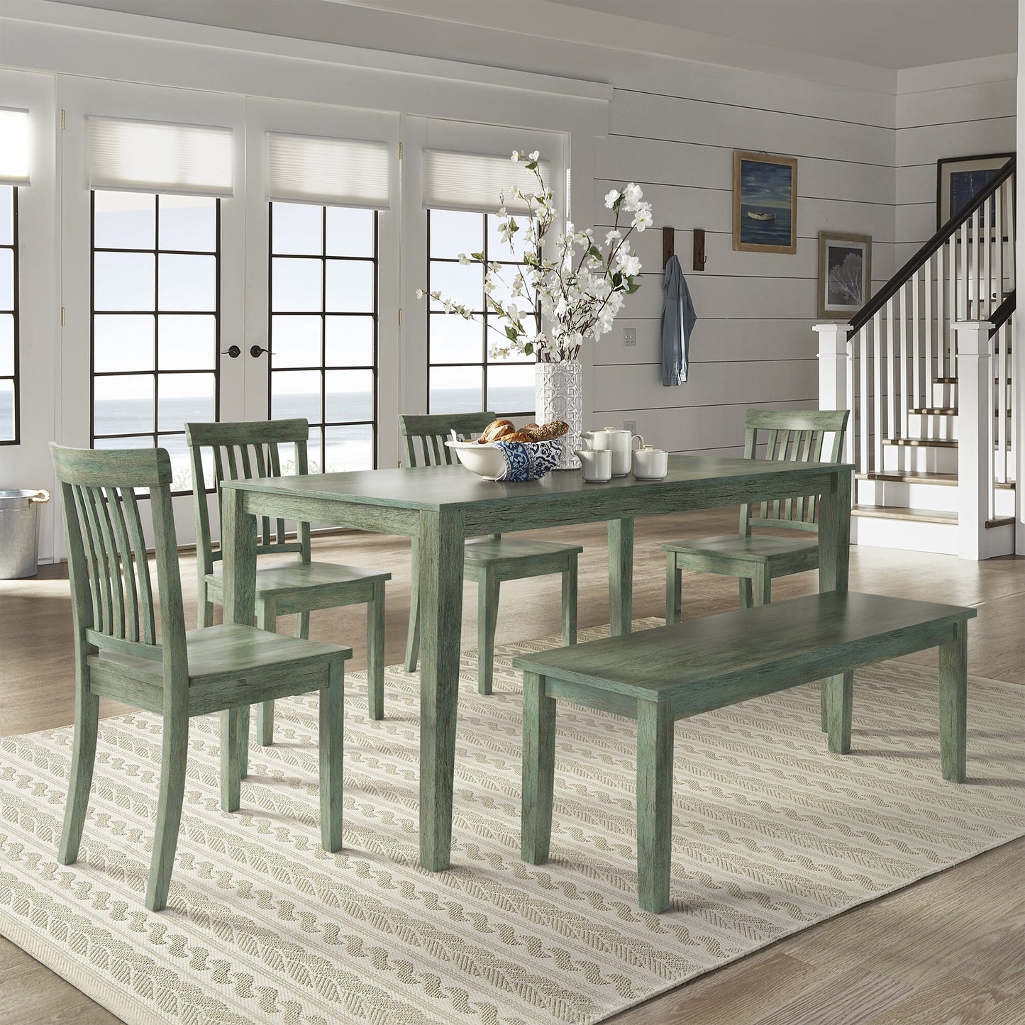 60-inch Rectangular Antique Sage Green Dining Set - Mission Back Chairs, 6-Piece Set