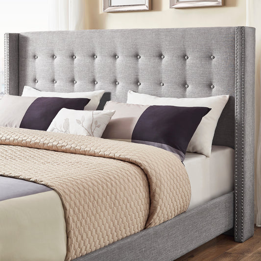 Tufted Linen Wingback Bed - Grey Linen, King