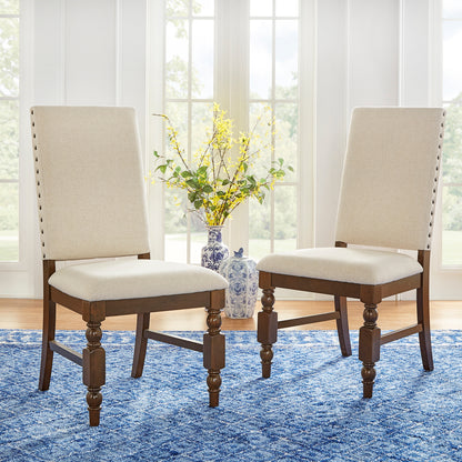 Nailhead Upholstered Dining Chairs (Set of 2) - Beige Linen