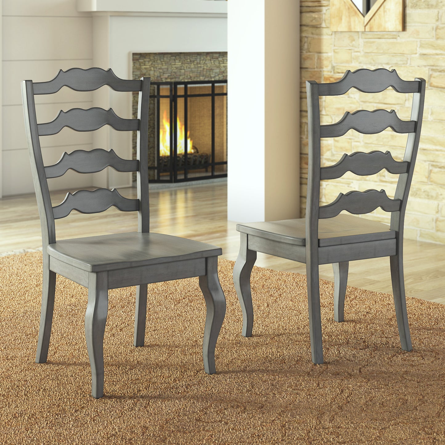 French Ladder Back Wood Dining Chairs (Set of 2) - Antiqua Gray