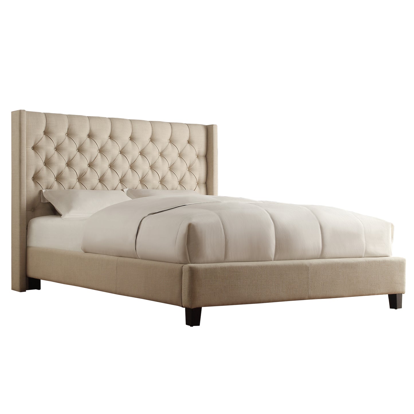 Wingback Button Tufted Bed - Beige Linen, Queen