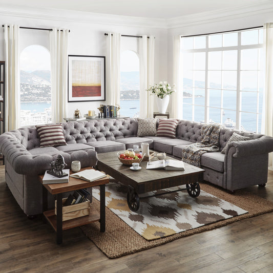 10-Seat U-Shaped Chesterfield Sectional Sofa - Grey Linen