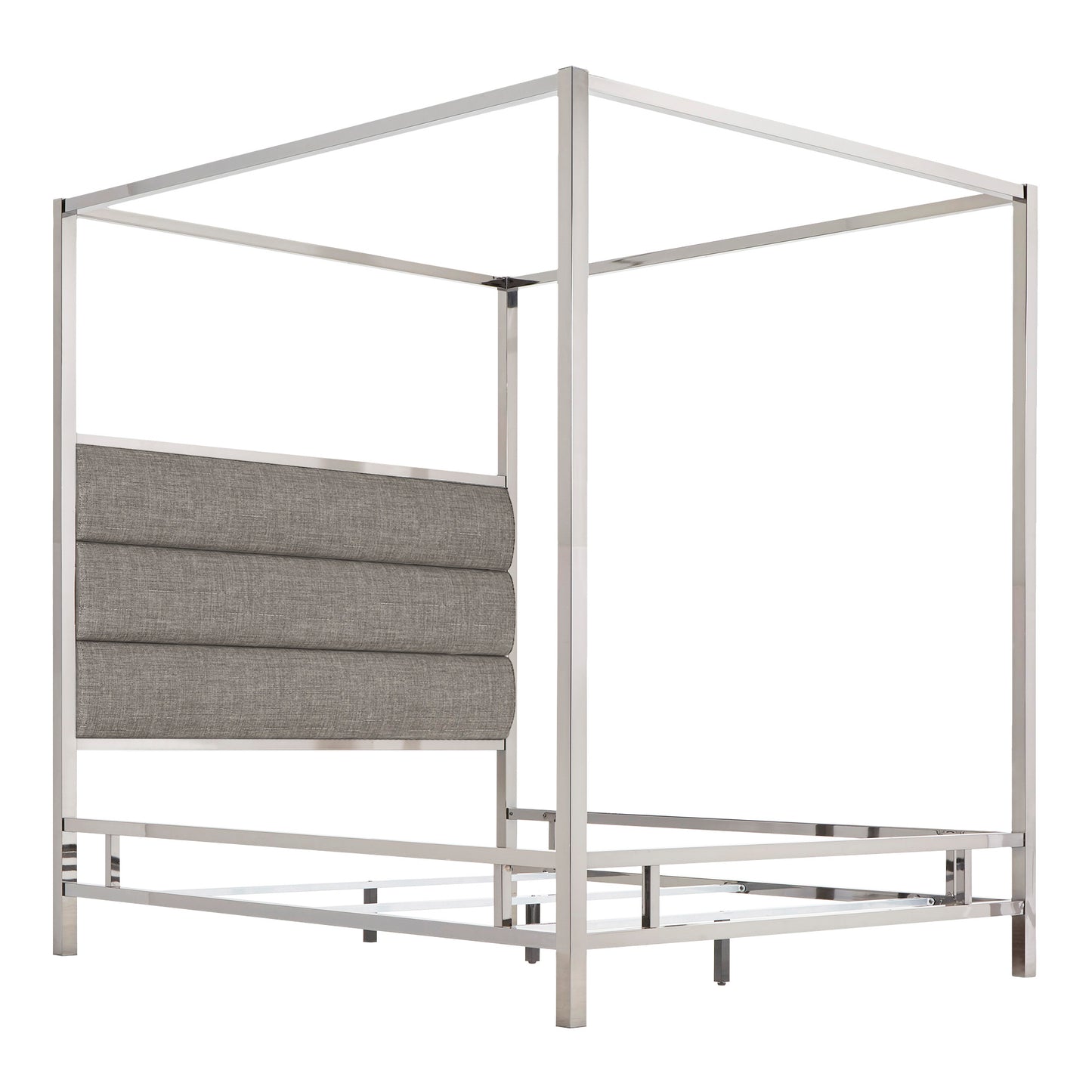 Metal Canopy Bed with Upholstered Headboard - Grey Linen, Chrome Finish, Queen Size