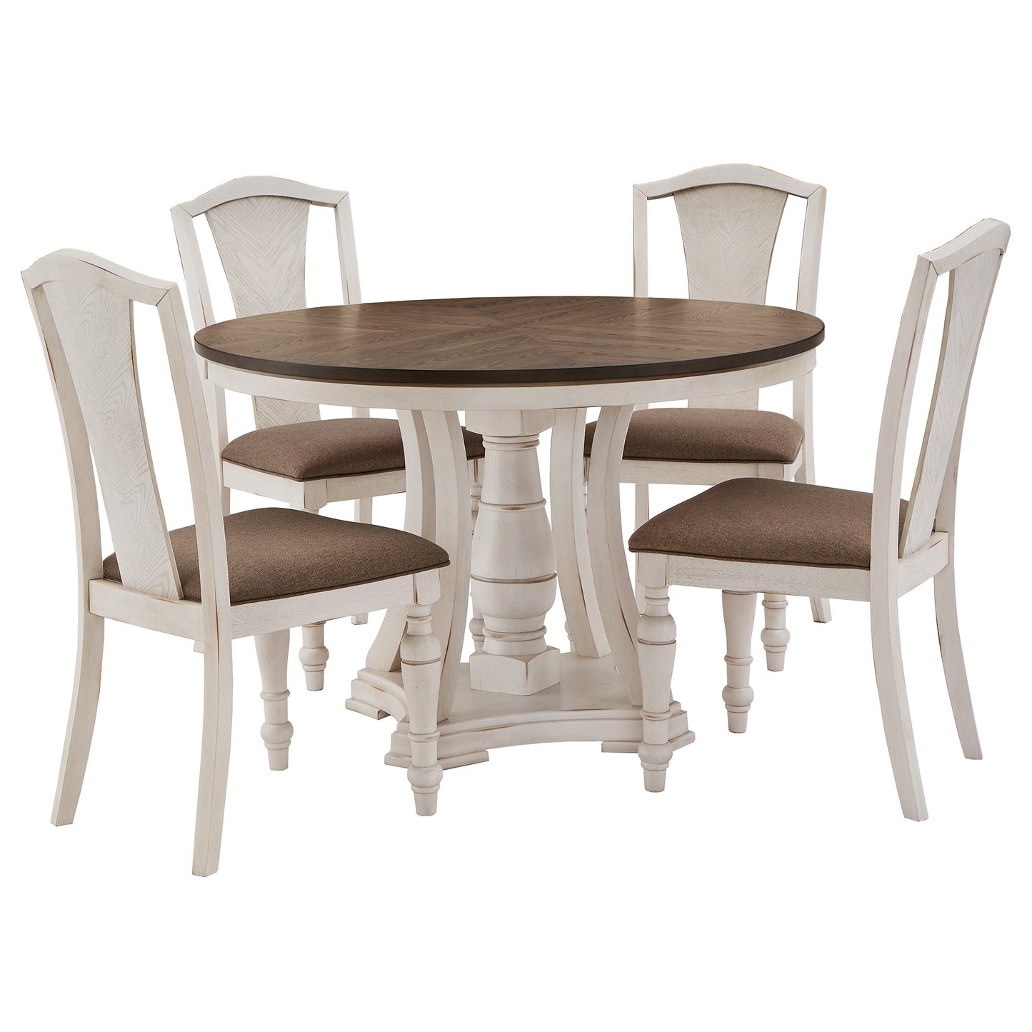 Dual-tone Solid Rubberwood Round Dining Table Set - 5-Piece