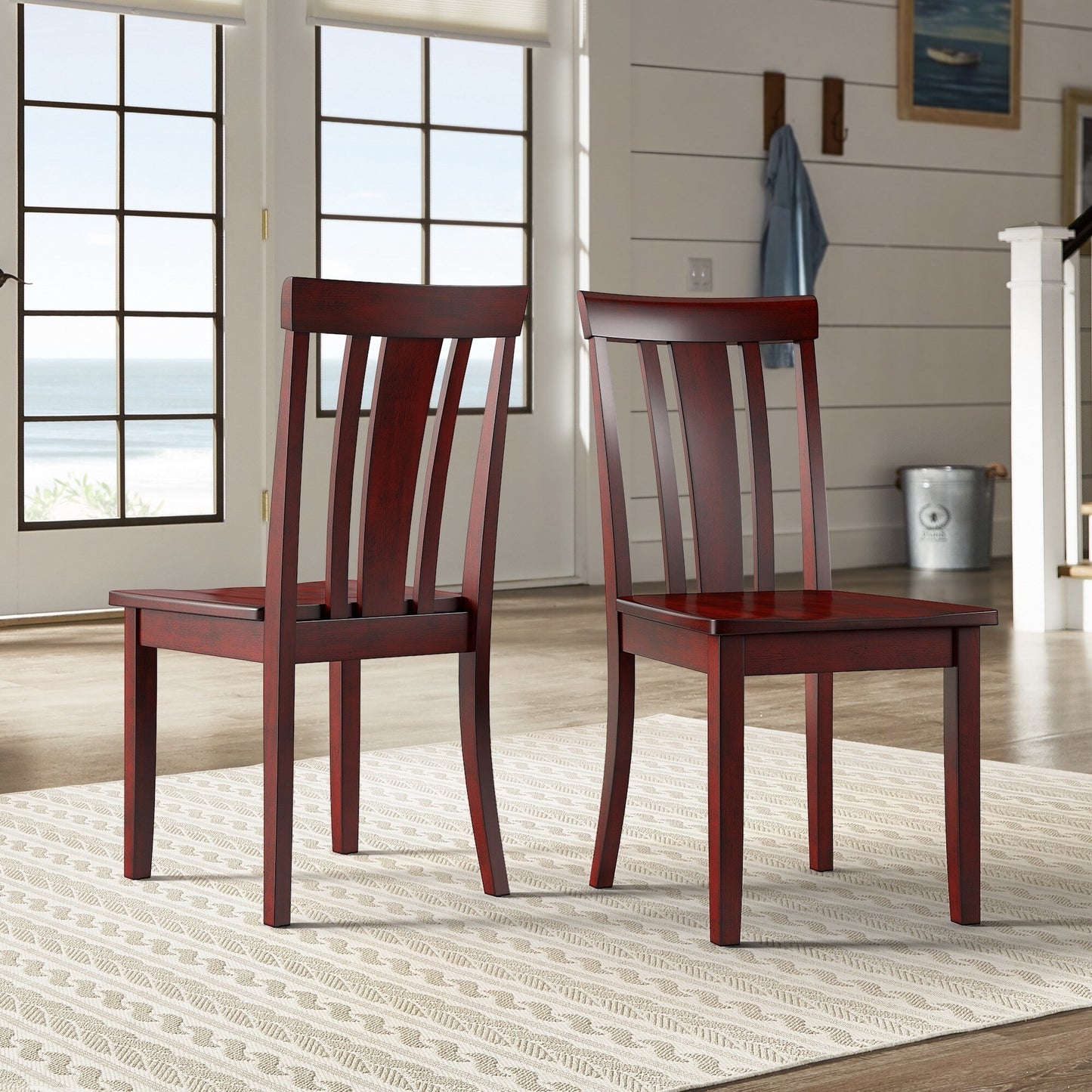 Oak Wood Finish 48-inch Rectangle Dining Set - Antique Berry Red Finish, Slat Back Chairs