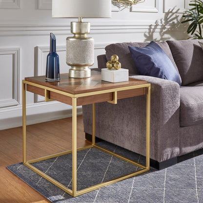Square End Table with Metal Base - Natural Finish, Gold Base