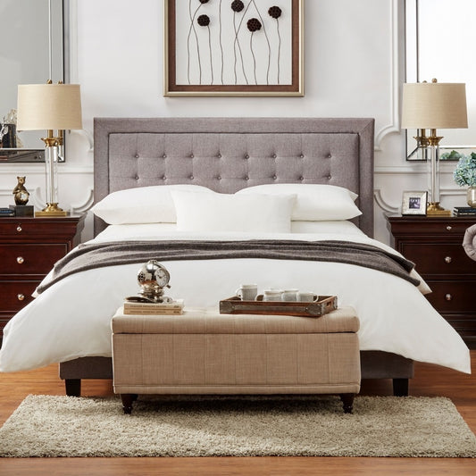 Square Button-Tufted Upholstered Bed - Grey, Queen