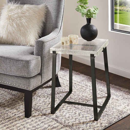 Stainless Steel Glass Top Table - Iron Grey Finish, Square End Table