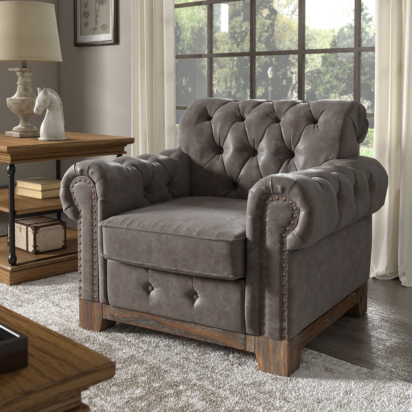 Tufted Rolled Arm Chesterfield Chair - Grey Polished Microfiber