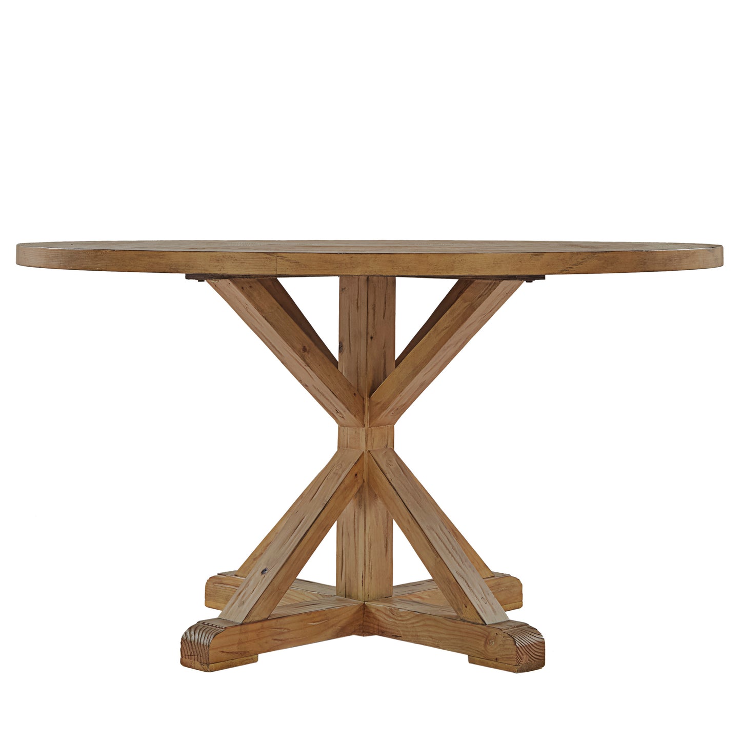 Rustic X-Base Round Pine Wood Dining Table - Pine Finish, 54-inch