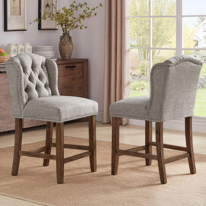 Tufted Linen Wingback Stools (Set of 2) - Grey Linen, Counter Height