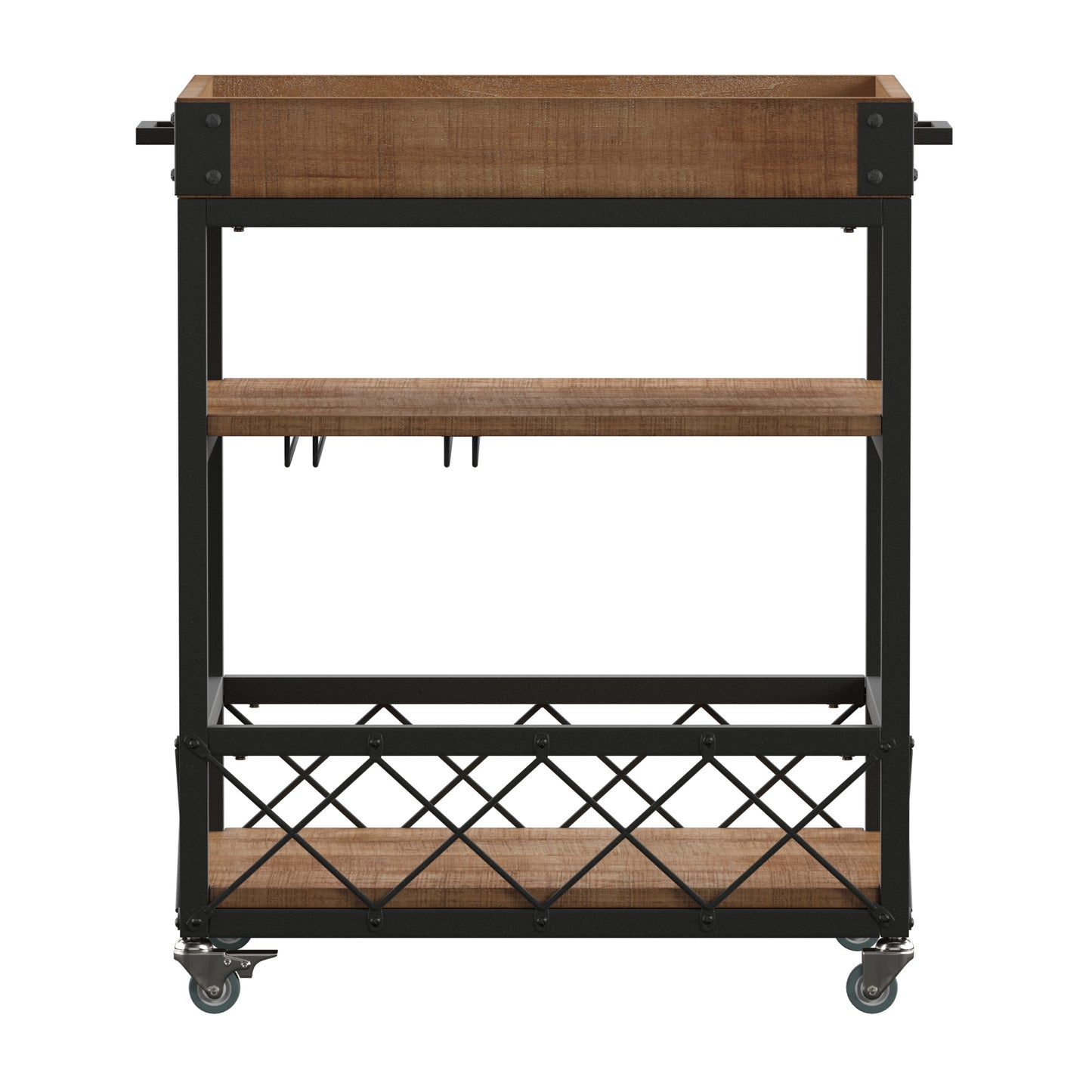 Rustic Serving Cart with Wine Inserts and Removable Tray Top - Oak Finish
