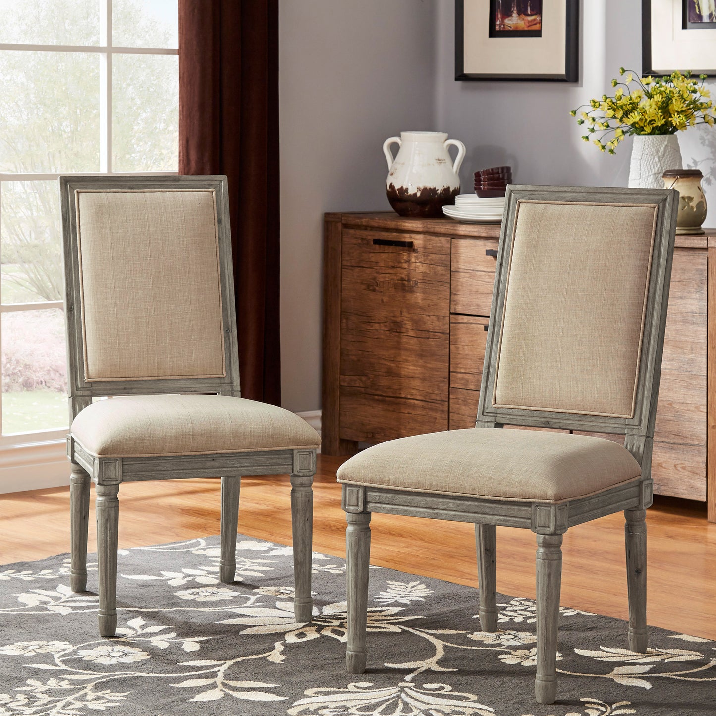 Rectangular Linen and Wood Dining Chairs (Set of 2) - Beige Linen, Antique Grey Oak Finish