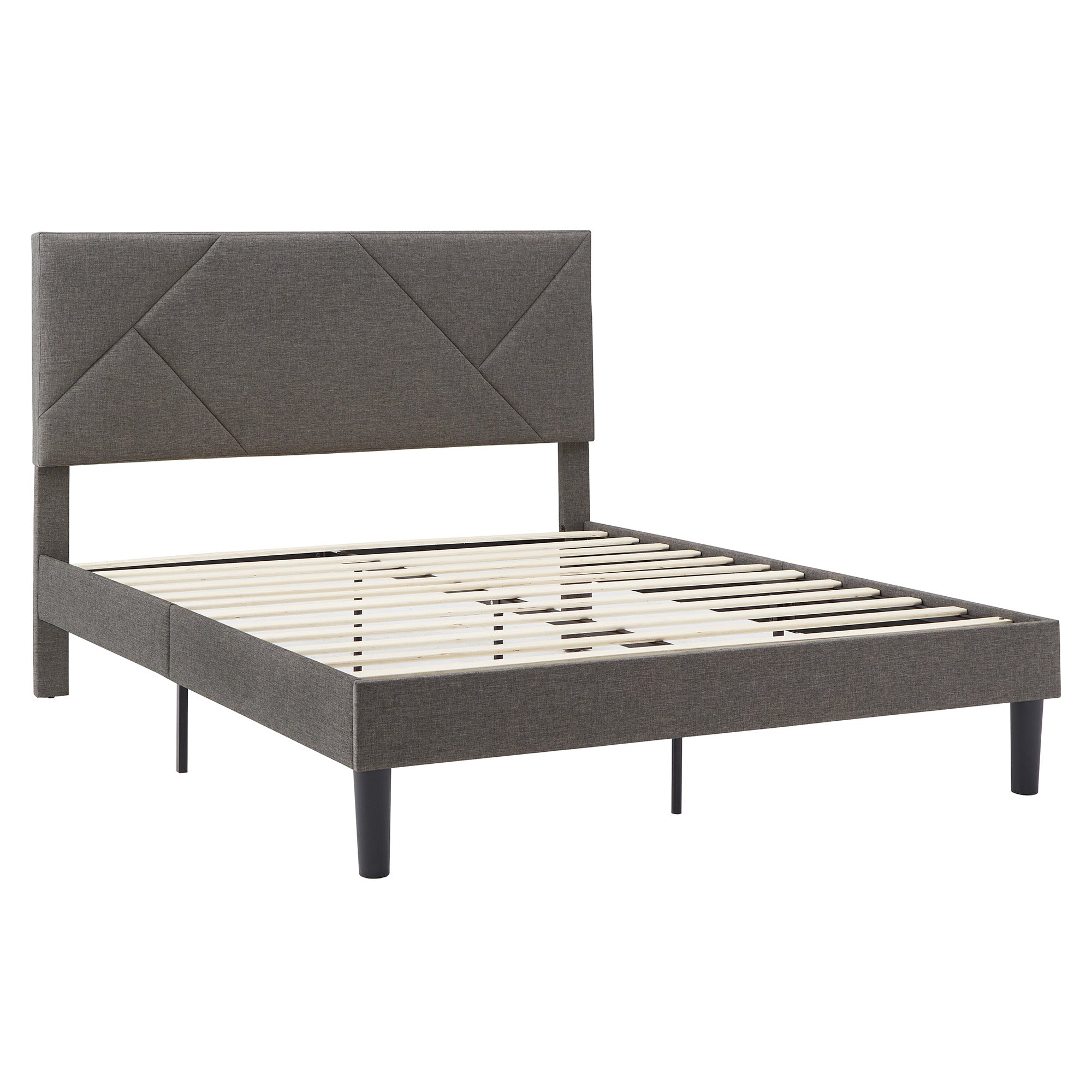 Upholstered Platform Bed with Geometric Headboard - Grey, Queen (Queen Size)