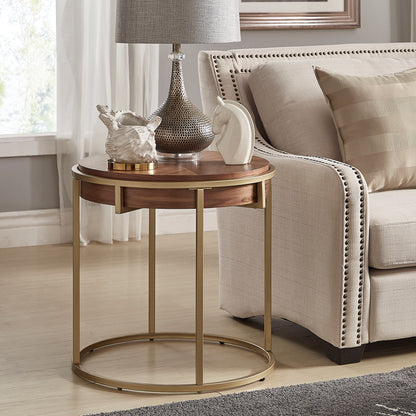 Round End Table with Metal Base - Natural Finish, Gold Base