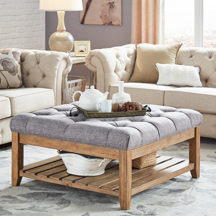 Pine Planked Storage Ottoman Coffee Table - Grey Linen, Button Tufted
