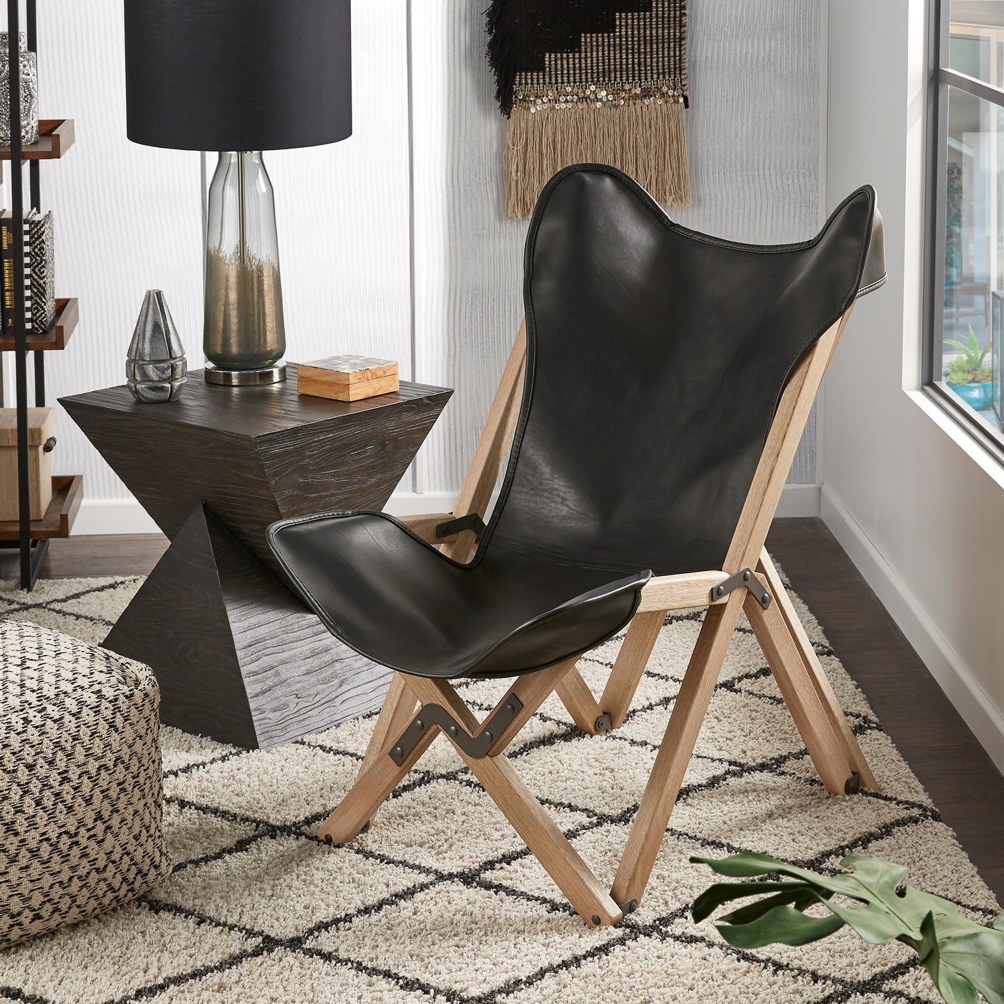 Genuine Top Grain Leather Tripolina Sling Chair - Natural Finish Frame, Black Leather