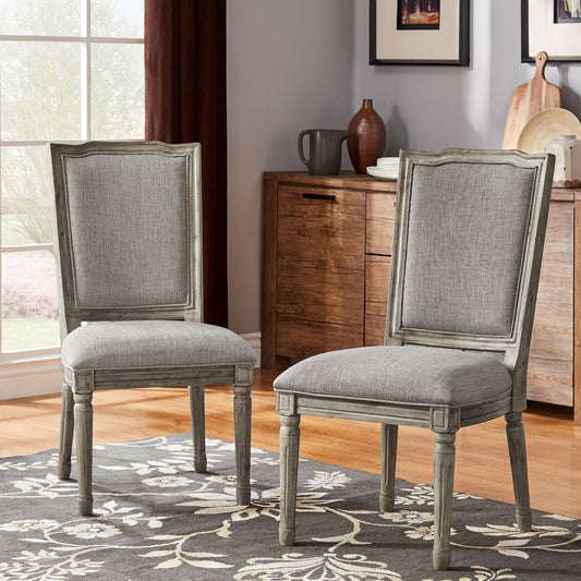 Ornate Linen and Wood Dining Chairs (Set of 2) - Grey Linen, Antique Grey Oak Finish