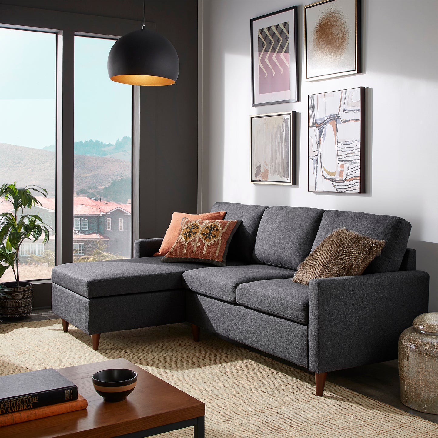Walnut Finish Fabric Sectional Sofa with Reversible Storage Chaise - Dark Grey