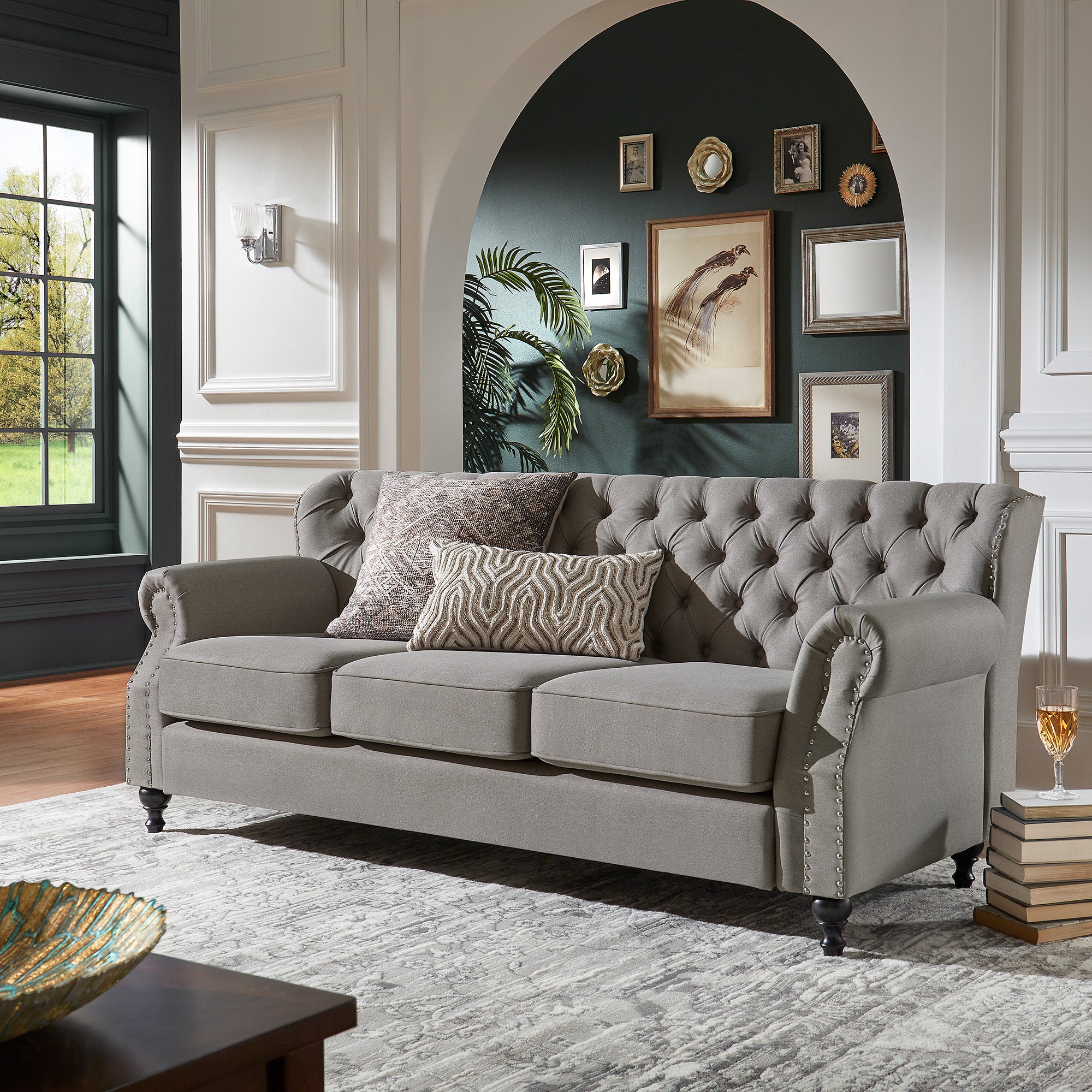 Grey Fabric On Tufted Sofa With Nailhead Trim By Inspire Q Classic Home