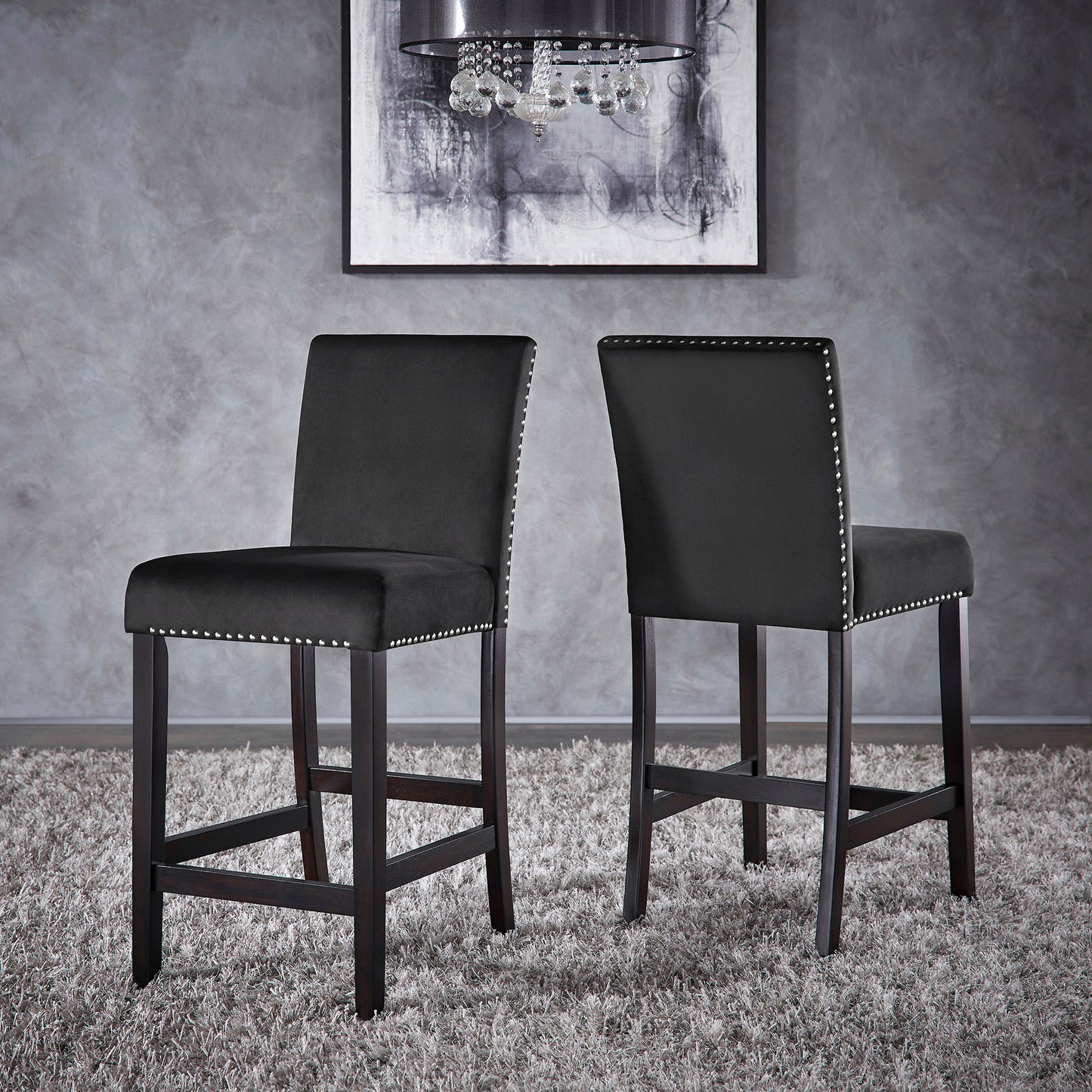 Nailhead Velvet Upholstered Chairs (Set of 2) - 24" Counter Height, Black