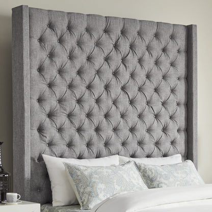 Wingback Button Tufted Linen Fabric Headboard - Grey, 84-inch Height, Queen Size