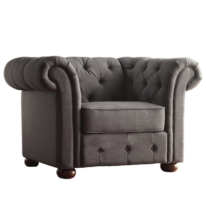 Tufted Scroll Arm Chesterfield Chair - Dark Grey Linen