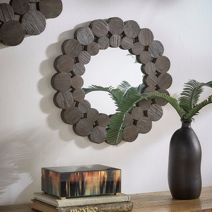 Dark Brown Reclaimed Wood Round Wall Mirror - Small