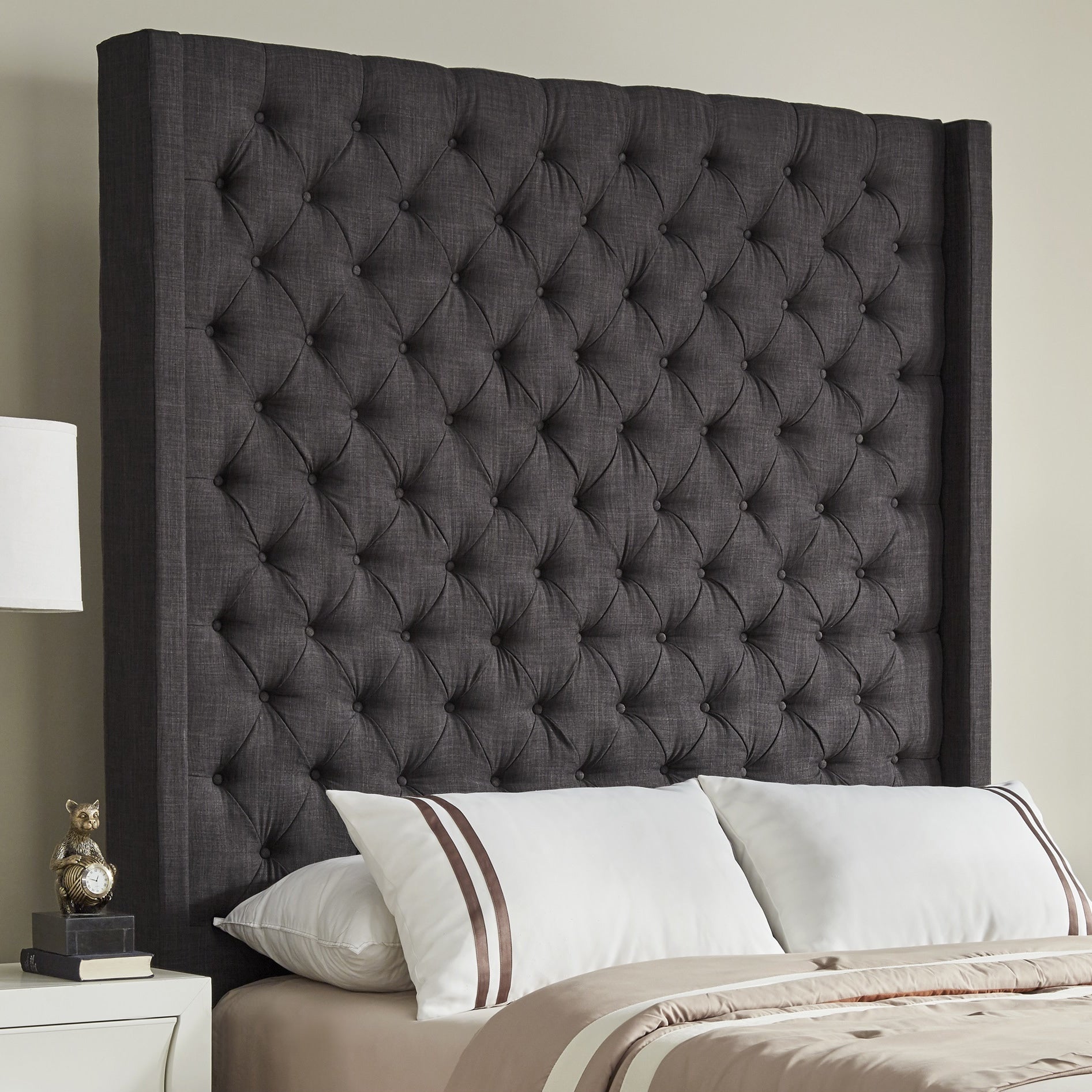 Wingback Button Tufted Linen Fabric Headboard - Dark Grey, 84-inch Height, Queen Size