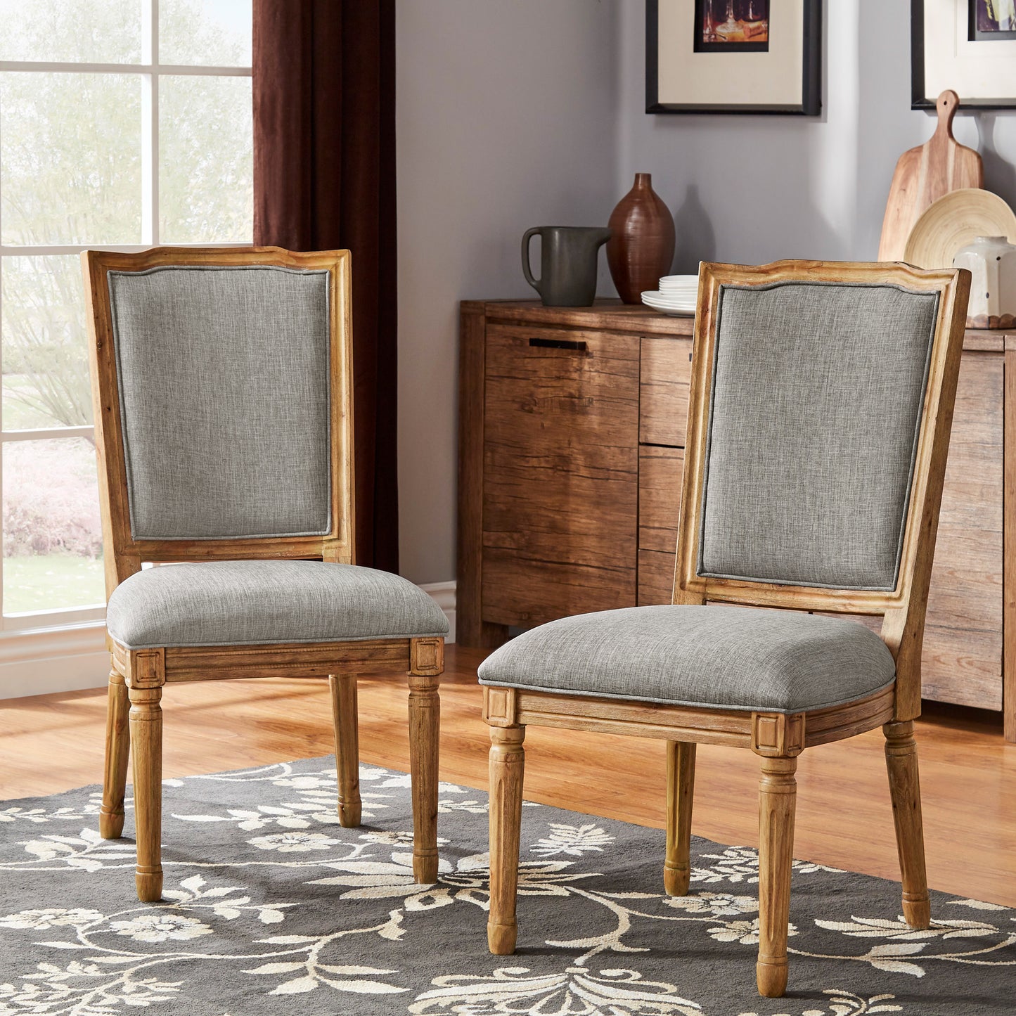 Ornate Linen and Wood Dining Chairs (Set of 2) - Grey Linen, Natural Finish