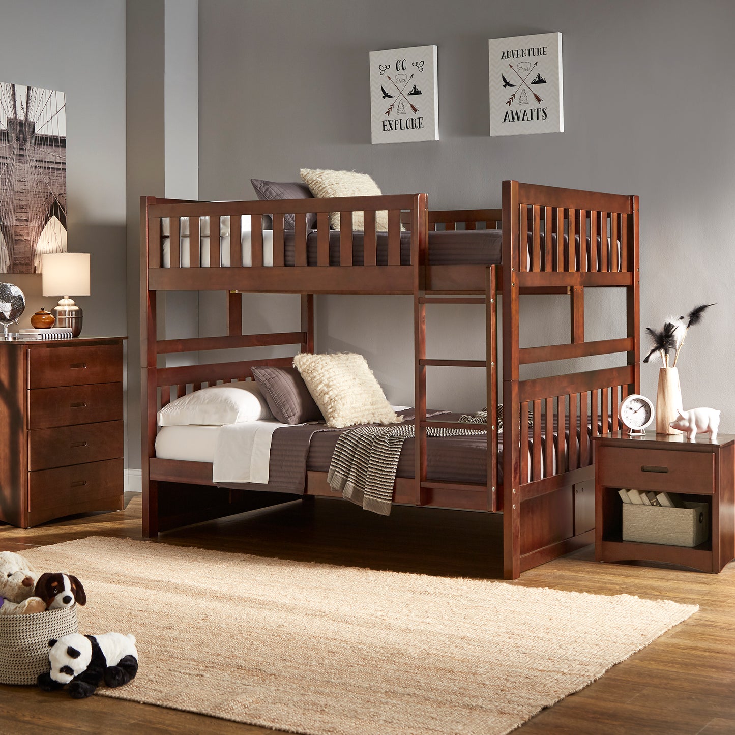 Dark Cherry Finish Kids' Bunk Bed - Full over Full, Bunk Bed Only