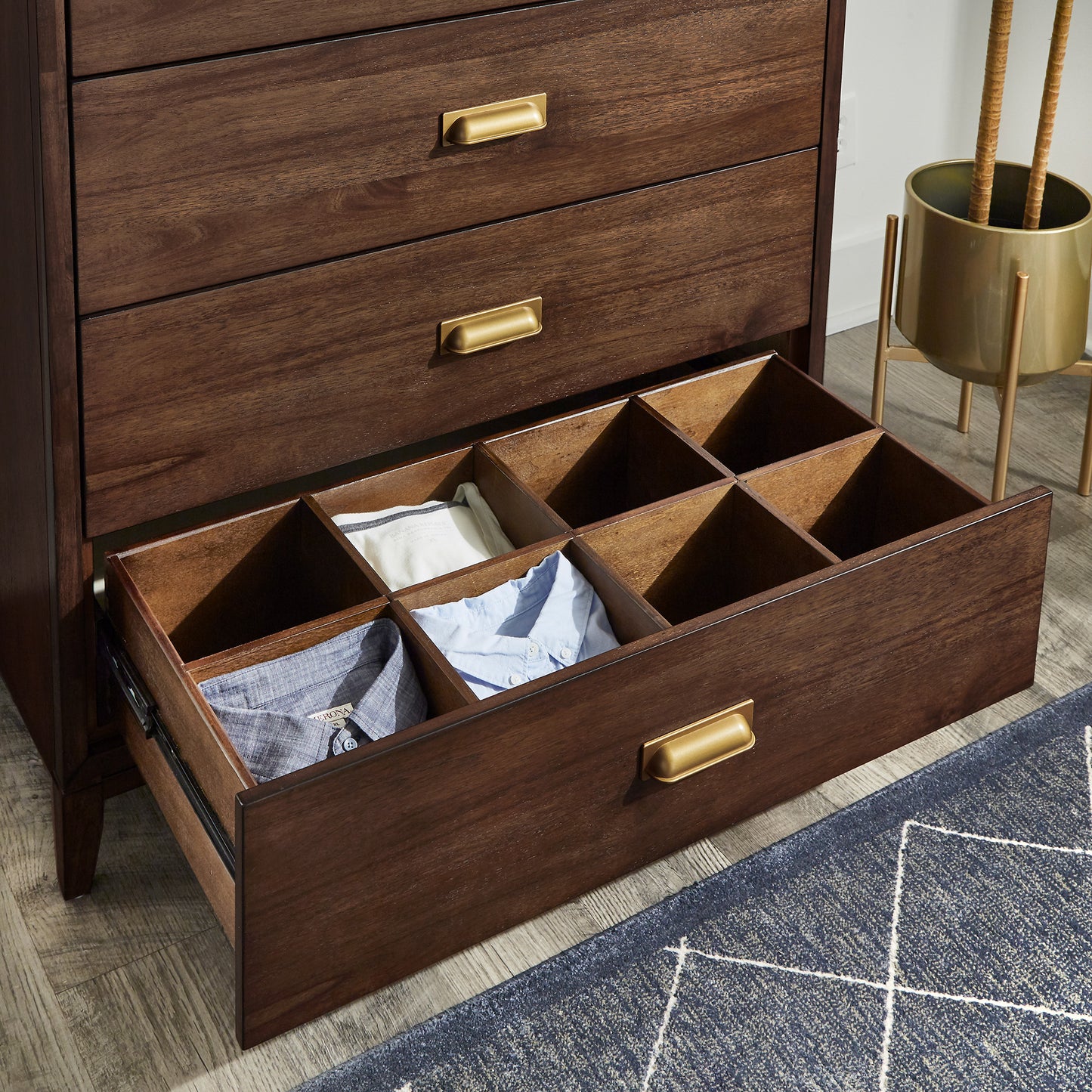 36" Wide 5 - Drawer Campaign Chest - Walnut Finish, Gold Accent