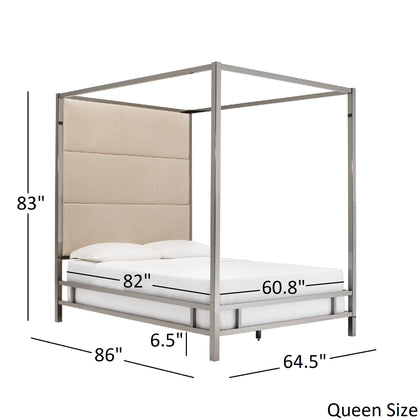 Metal Canopy Bed with Linen Panel Headboard - Grey Linen, Champagne Gold Finish, Queen Size