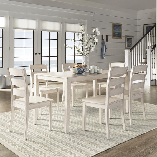 60-inch Rectangular Antique White Finish Dining Set - Ladder Back Chairs, 7-Piece Set