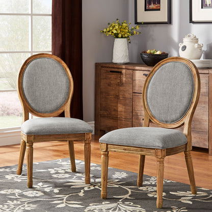 Round Linen and Wood Dining Chairs (Set of 2) - Grey Linen, Natural Finish