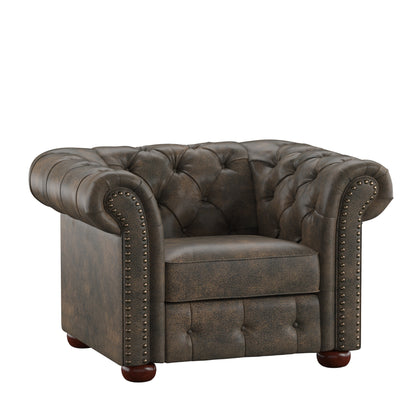 Tufted Scroll Arm Chesterfield Chair - Brown Polished Microfiber
