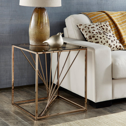 Square Metal and Glass Top End Table - Champagne Gold Finish with Brown Tinted Glass