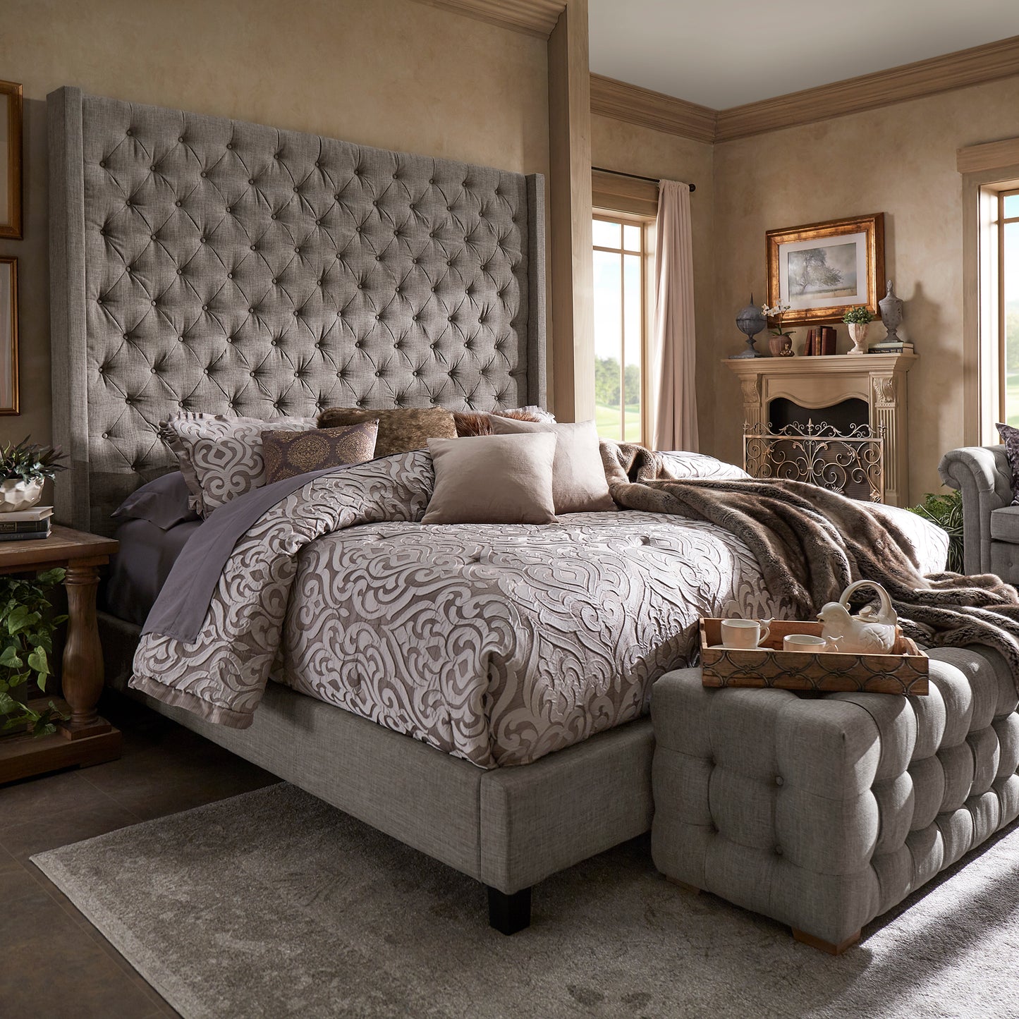 Wingback Button Tufted 84" Tall Headboard Bed - Grey Linen, King