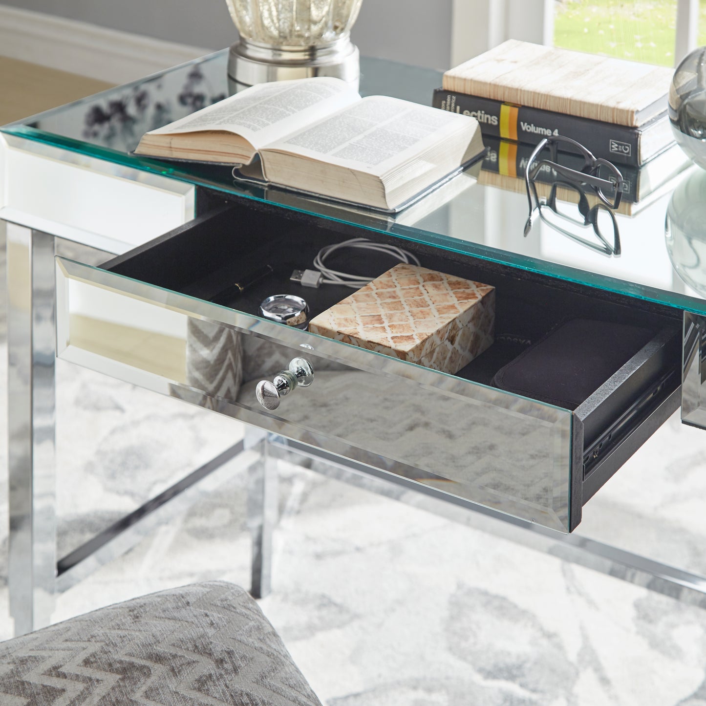 Beveled Mirrored Accent 1-Drawer Office Writing Desk - Chrome