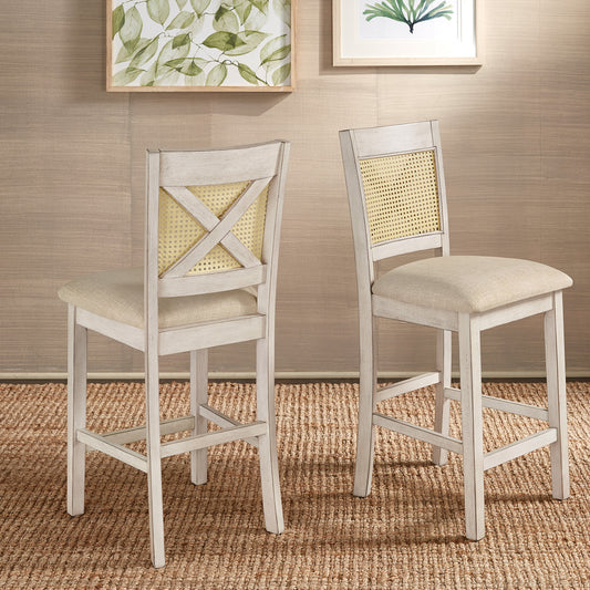 Cane Accent Counter Height - X-Back Chair (Set of 2), Antique White Finish, Beige Linen