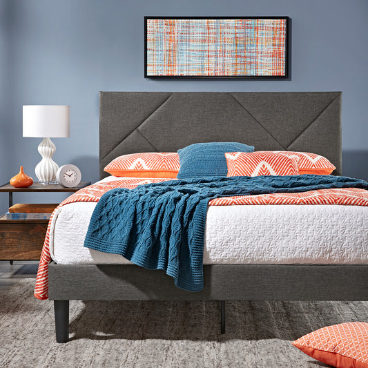 Upholstered Platform Bed with Geometric Headboard - Grey, Full (Full Size)