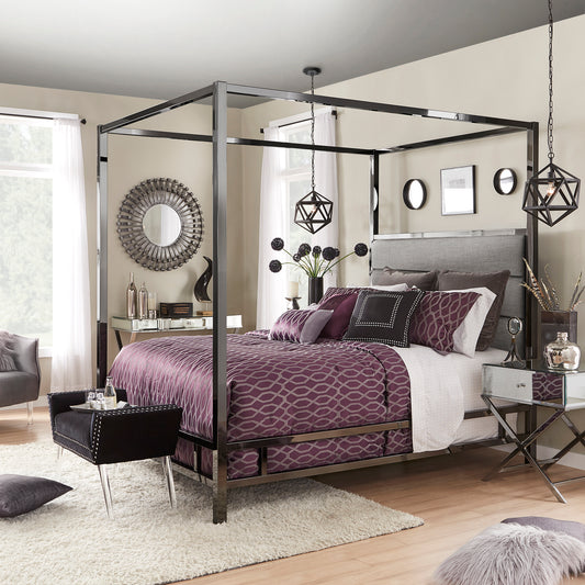 Metal Canopy Bed with Upholstered Headboard - Grey Linen, Black Nickel Finish, Queen Size