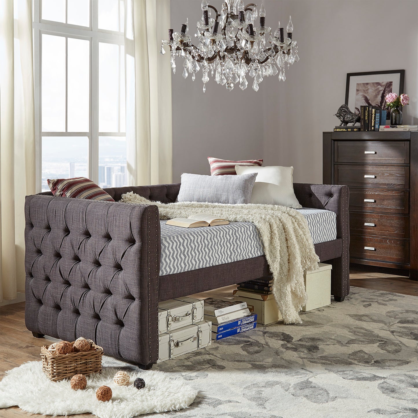Tufted Nailhead Daybed - Dark Grey Linen, No Trundle