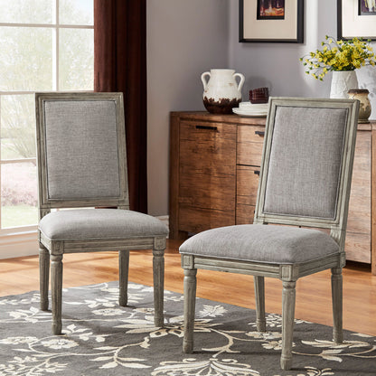 Rectangular Linen and Wood Dining Chairs (Set of 2) - Grey Linen, Antique Grey Oak Finish