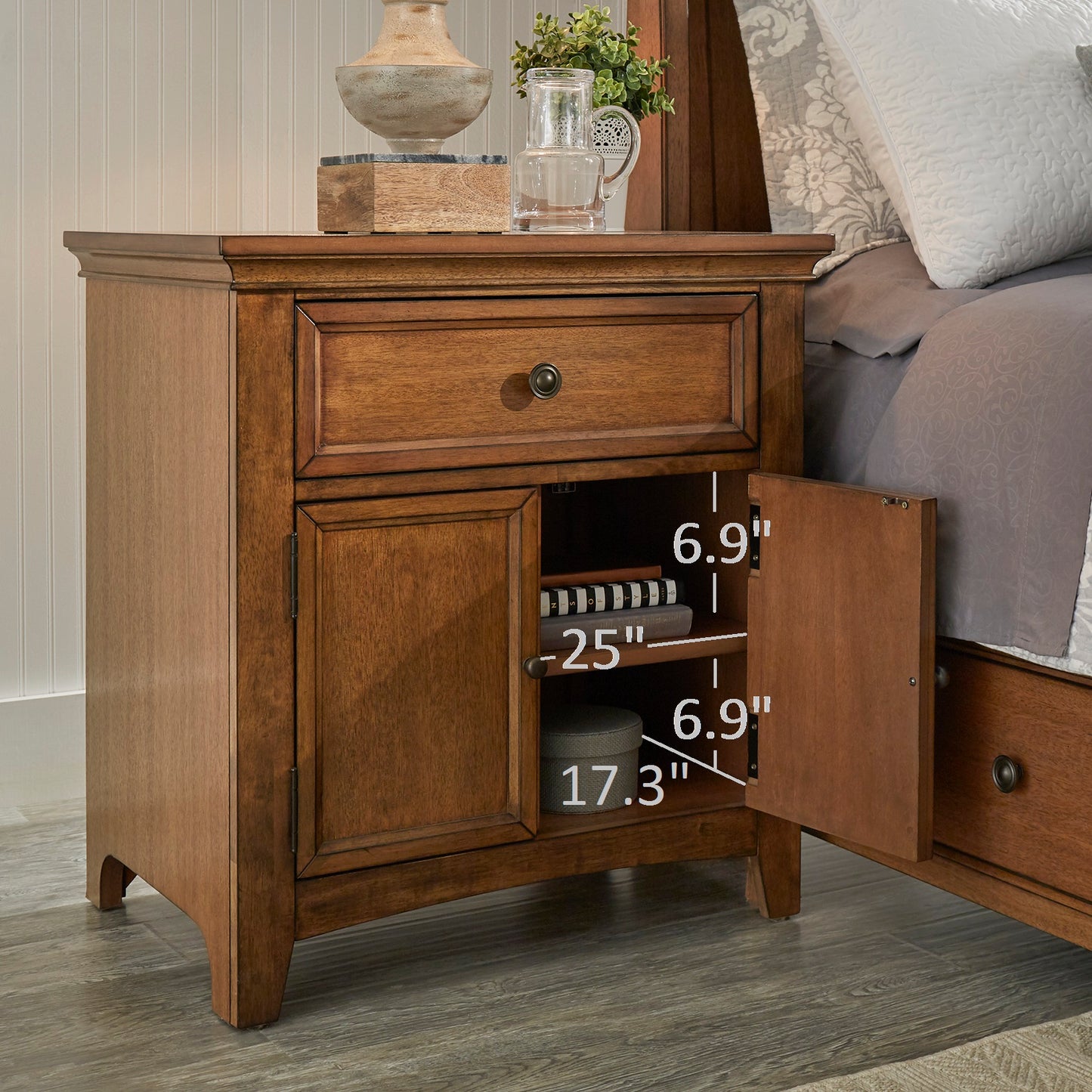 1-Drawer Wood Cupboard Nightstand with Charging Station - Oak