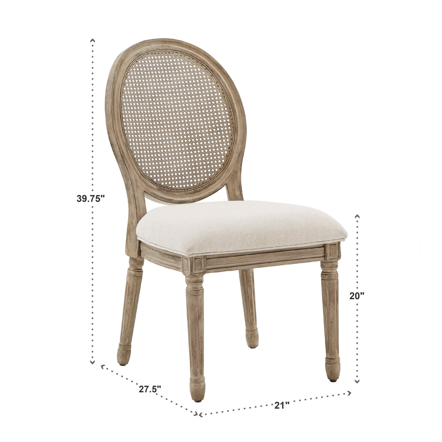Round Linen and Wood Dining Chairs (Set of 2) - Cane Back, Antique Grey Oak Finish, Beige