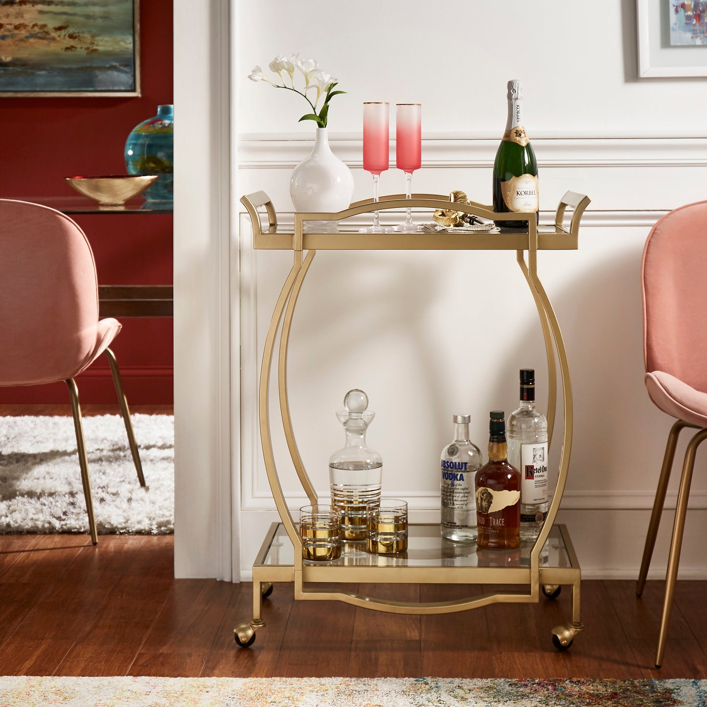 Metal Bar Cart with Clear Tempered Glass - Gold Finish