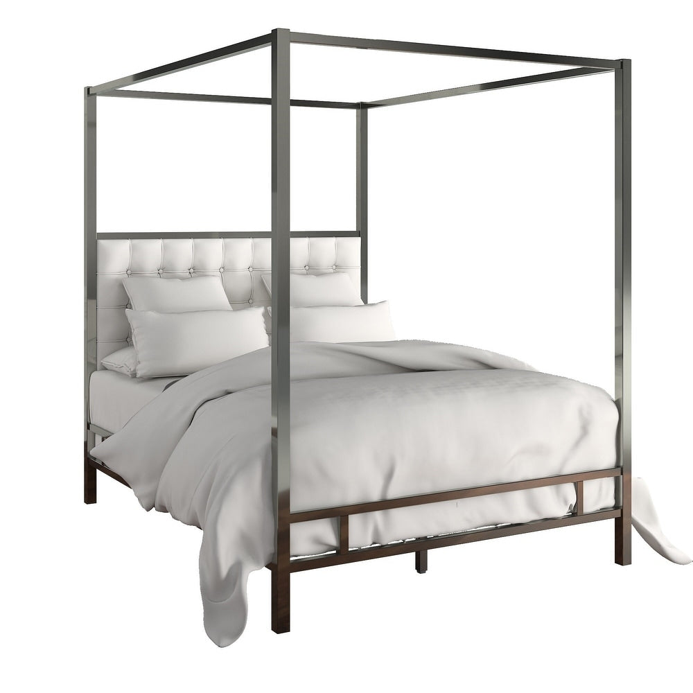 Metal Canopy Bed with Upholstered Headboard - Off-White Linen, Black Nickel Finish, Queen Size