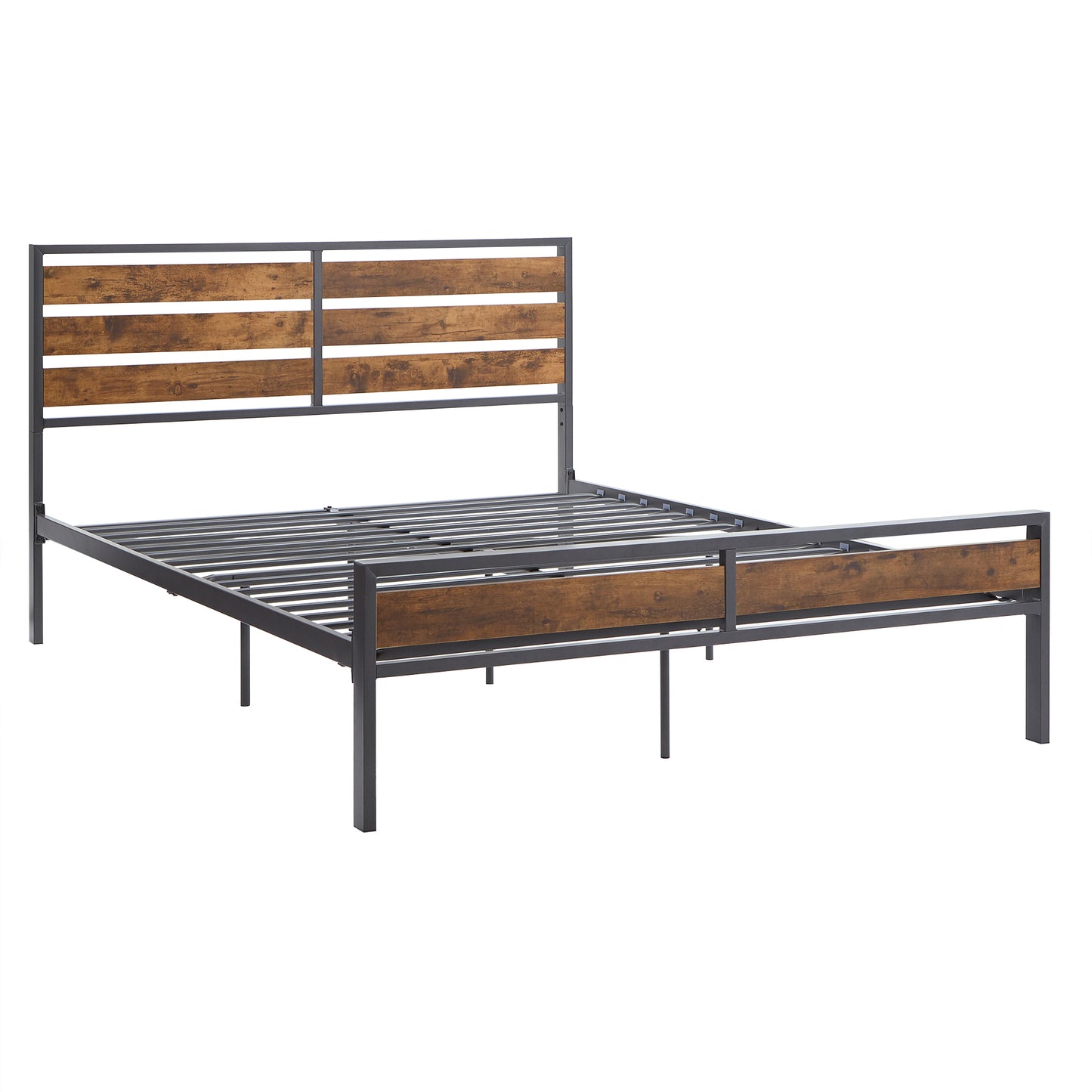 Low Profile Metal Platform Bed with Wood Finish Panels - Grey, Queen (Queen Size)