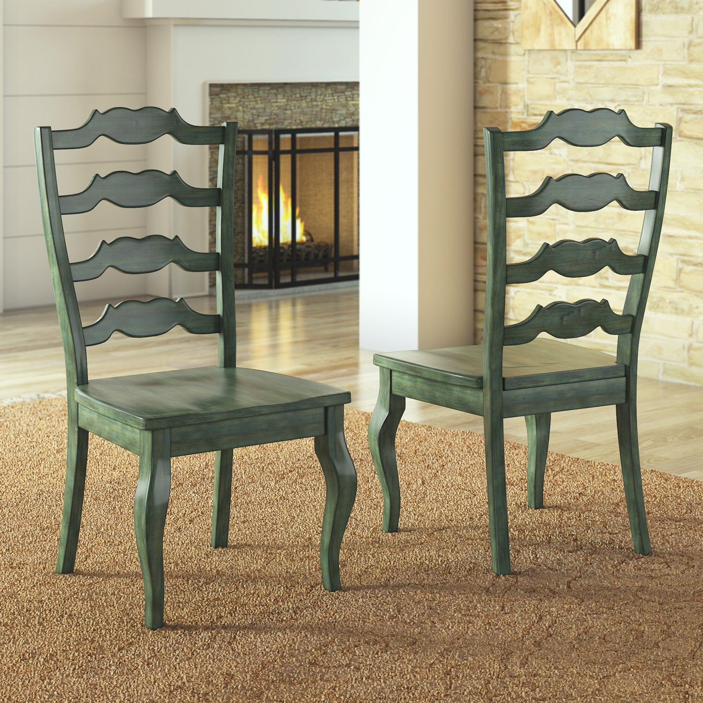 French Ladder Back Wood Dining Chairs (Set of 2) - Antique Sage Green